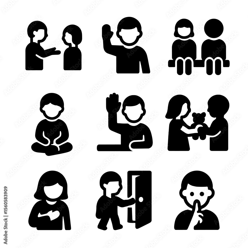 Kids' Manners Icons. Solid, filled icon set of good manners for kids: saying please, waving hello, waiting turn, sitting still, Kids' Manners Icons. Solid, filled icon set of good manners for kids: saying please, waving hello, waiting turn, sitting still,