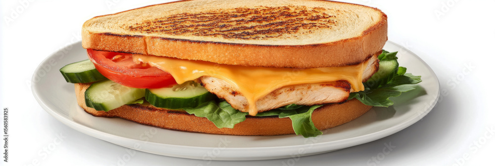 Obraz premium Delicious grilled chicken sandwich features melted cheese, fresh lettuce, cucumber slices, and tomato served on toasted bread, perfect for casual dining, banner
