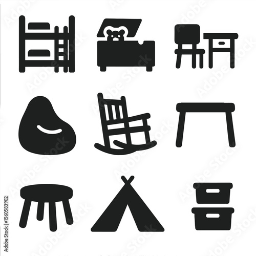Kids' Furniture Icons. Solid, filled icon set of kids’ furniture: bunk bed, toy chest, kid’s desk, bean bag, rocking chair, small