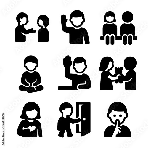 Kids' Manners Icons. Solid, filled icon set of good manners for kids: saying please, waving hello, waiting turn, sitting still,