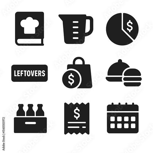 Kitchen Budgeting Icons. Solid, filled icon set of kitchen budgeting strategies: recipe book, measuring cup, cost breakdown chart,