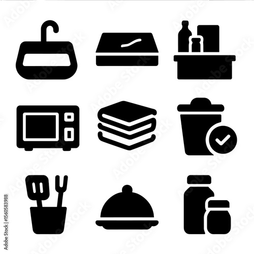 Kitchen Checklist Icons. Solid, filled icon set of daily kitchen counter checklist: empty sink, wiped counter, organized items,