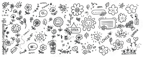 Hand drawn floral element line doodle concept set. Illustration vector design.