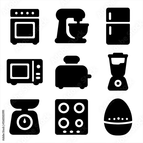 Kitchen Appliance Icons. Solid, filled icon set of kitchen appliances for baking: oven, mixer, refrigerator, microwave, toaster,
