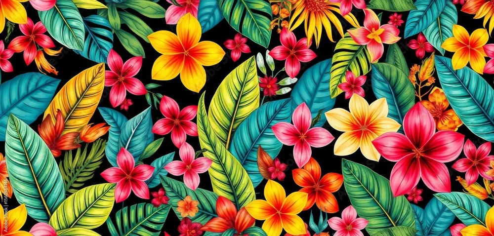 Vibrant hand-drawn tropical leaves & flowers seamless pattern , hand-drawn, seamless Vibrant hand-drawn tropical leaves & flowers seamless pattern , hand-drawn, seamless