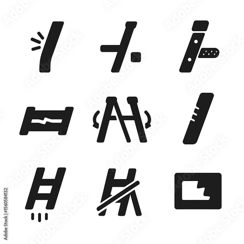 Ladder Inspection Icons. Solid, filled icon set of ladder inspection points: bent rail, missing cap, loose rivet, cracked step,