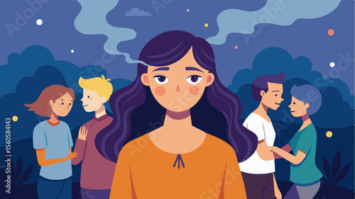 A teenage girl feeling pressured to start smoking by her friends who believe it makes them look cool.. Vector illustration