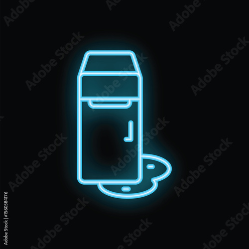 Blue neon icon of a refrigerator leaking water, on a black background