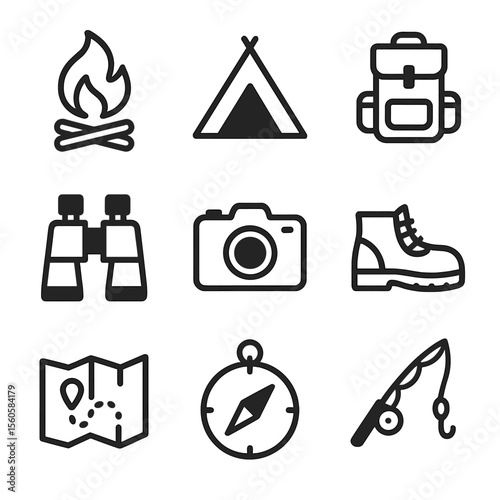 Lake Adventure Icons. Solid, filled icon set of lake recreation: campfire, tent, backpack, binoculars, camera, hiking boots, map,