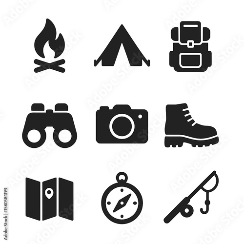 Lake Adventure Icons. Solid, filled icon set of lake recreation: campfire, tent, backpack, binoculars, camera, hiking boots, map,