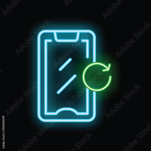 Neon icon of a smartphone with a loading or updating symbol, glowing on a black background