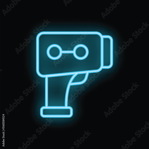 Neon blue digital infrared thermometer showing fever on black background