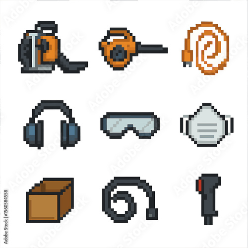 Leaf Blower Gear Icons. Pixel art icon set of leaf blowing and vacuum gear: backpack blower, handheld vacuum, extension cord,