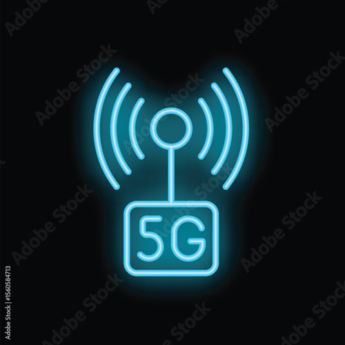 Blue neon icon of a 5g signal transmitting data wirelessly
