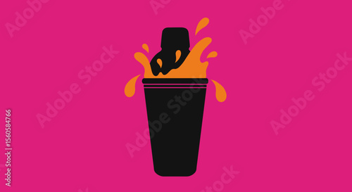 Black cocktail shaker with orange liquid splash on a bright pink background, minimalist style, copy space

