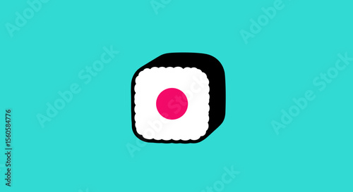 Black sushi roll with a pink circle on a bright turquoise background, minimalist style, copy space
