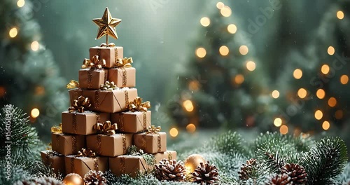A Christmas tree made of gift boxes with a golden star on top, surrounded by snow and pine branches.
