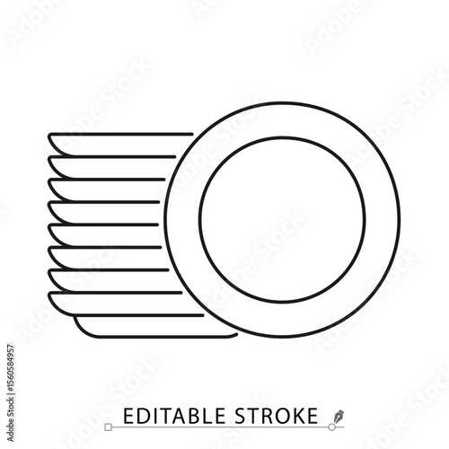 A stack of clean plates icon in minimalist style with editable stroke. Kitchen tableware, dishwashing result, organized dishes, household item, food serving, outline object, vector line illustration.