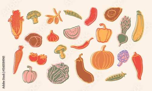 Minimalist hand drawn sketch vegetables vector illustration. Healthy organic food. Tomatoes, potato, corn, pepper, olives, avocado, pumpkin, cucumber, beet, peas. Vector.
