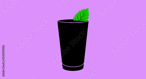 Black drink glass with a mint leaf on a light purple background, minimalist style, copy space

