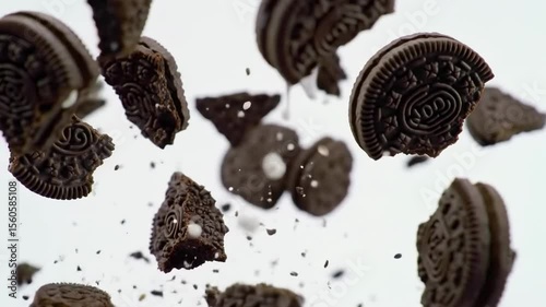 Exploding Oreo cookies with white cream filling in midair