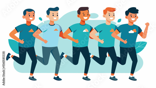A group of men participating in a charity run wearing matching shirts and proudly displaying camaraderie and support for each other and the cause.. Vector illustration