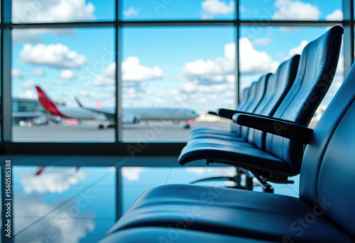 Empty airport waiting area with rows of chairs and airplanes visible through large windows
