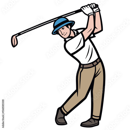 Man golfer in blue hat hitting ball with club during golf game