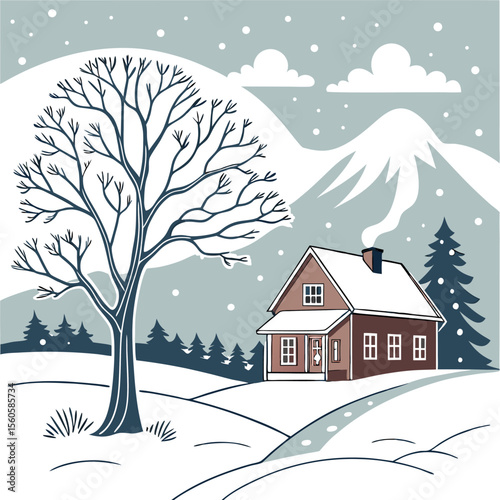 Illustration of a snowy landscape with a house, bare tree, mountains and snowfall in winter season scene