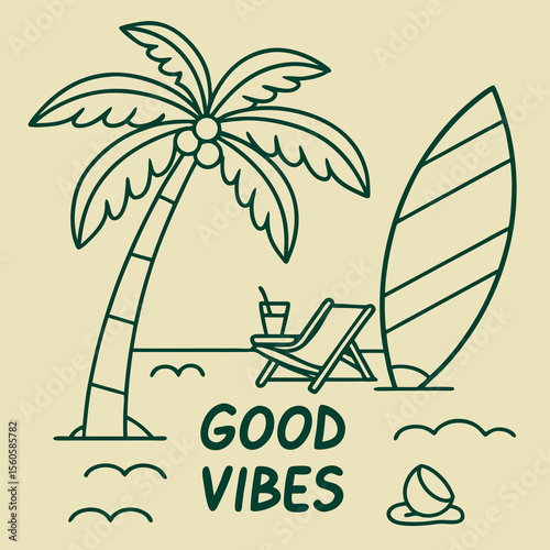 Palm Tree Beach Chair Surfboard and Refreshing Drink for Ultimate Summer Relaxation