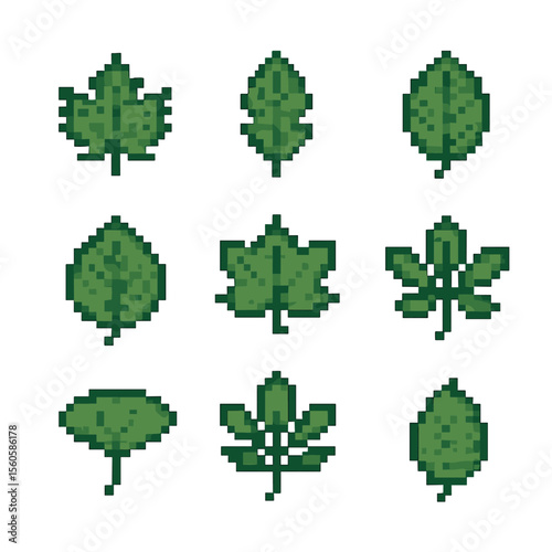 Leaf Icon Grid. Pixel art icon set of common leaf types: maple leaf, oak leaf, birch leaf, elm leaf, sycamore leaf, chestnut leaf,