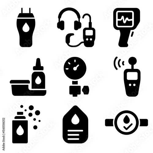Leak Detection Icons. Solid, Filled icon set of leak detection methods: moisture meter, acoustic detector, infrared camera, dye
