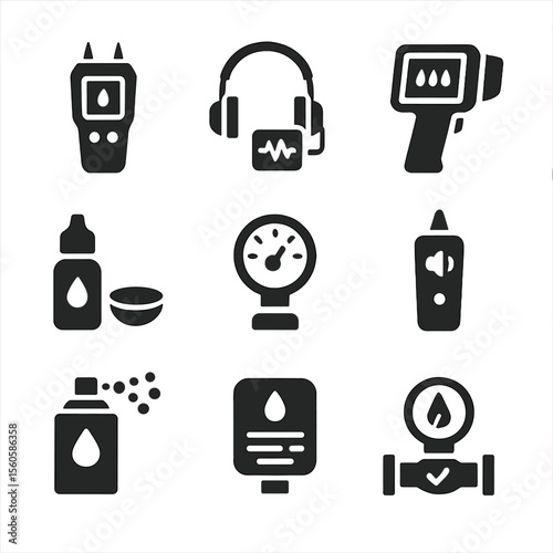 Leak Detection Icons. Solid, Filled icon set of leak detection methods: moisture meter, acoustic detector, infrared camera, dye