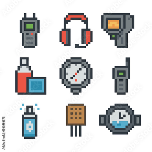 Leak Detection Icons. Pixel art icon set of leak detection methods: moisture meter, acoustic detector, infrared camera, dye test