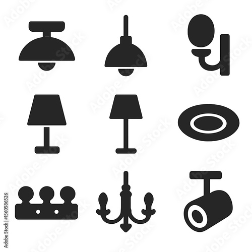 Light Fixtures Icons. Solid, filled icon set of light fixture styles: ceiling light, pendant light, wall sconce, table lamp, floor