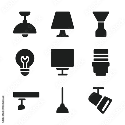 Lighting Icons Grid. Solid, filled icon set of lighting design elements: light fixture, lampshade, reflector, bulb filament,