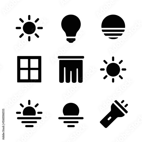 Light Icons Grid. Solid, filled icon set of light and dark cues: sunlight, artificial light bulb, twilight, shaded window,