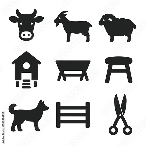 Livestock Care Icons. Solid, Filled icon set of livestock care: cow, goat, sheep, chicken coop, feeding trough, milking stool,