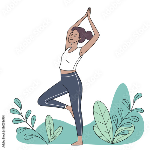 Woman in tree pose with hands raised above head surrounded by plants in a serene and peaceful setting