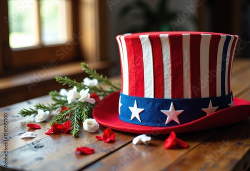 Red, white, and blue top hat with stars on a wooden table