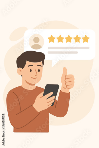 Customer satisfaction concept. Man giving a positive five-star rating online on a smartphone. Happy client providing good feedback for a product or service. Thumbs up gesture.