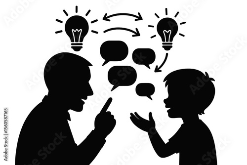 Man and child silhouette sharing ideas. Father and son, teacher and student dialogue. Knowledge transfer, education, mentoring concept. Communication, learning, psychology, development.