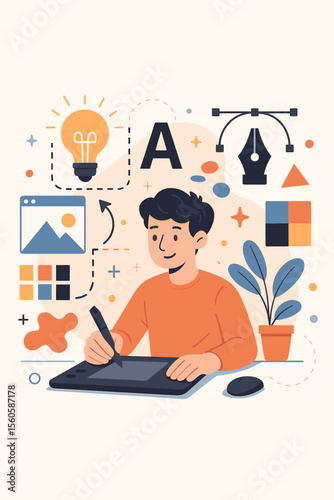 Graphic designer creative process. Digital artist at work. Man drawing on tablet. Concept of creativity, idea generation. Vector illustration with pen tool, typography, color palette.