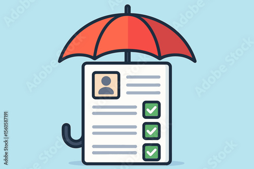 Insurance policy concept. Data protection. Application form and personal resume security under umbrella. Identity safety. Approved checklist document. Privacy and coverage metaphor.