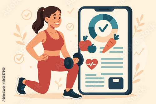Fitness app. Woman exercising with dumbbell, tracking progress on phone. Healthy lifestyle, diet plan, workout, weight loss. Personal trainer, calorie counter concept. Vector cartoon.