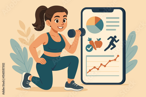 Woman exercising with dumbbell using a fitness mobile app to track progress. Health, diet, and workout data monitoring on a smartphone. Healthy lifestyle vector cartoon illustration.