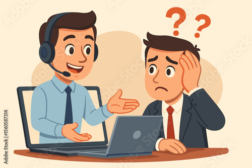 Customer support agent from a laptop helps a confused businessman with a problem. Online technical assistance from a call center operator. Virtual consultation for a stressed user.