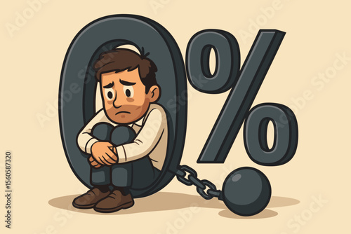 Financial crisis concept. Stressed businessman trapped by a zero percent interest rate loan. Character burdened by debt, chained to a percentage symbol. Vector cartoon illustration.