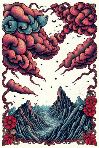 Ornate fantasy landscape with stylized clouds and rocky terrain