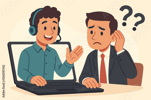 Customer service concept. Online support agent with headset on laptop helps confused businessman with questions. Call center operator providing virtual assistance for client problems. Vector.